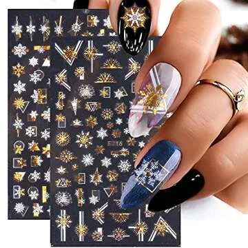Christmas Nail Stickers, 3D Metal Gold Snowflake Nail Decals White Snowflake Elk Snowman Santa Claus Tree Christmas Bell Xmas Winter Nail Art Design for Women Kids(8Sheets)