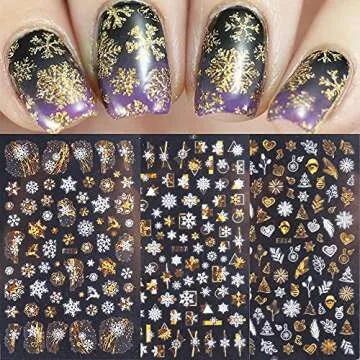 Christmas Nail Stickers, 3D Metal Gold Snowflake Nail Decals White Snowflake Elk Snowman Santa Claus Tree Christmas Bell Xmas Winter Nail Art Design for Women Kids(8Sheets)