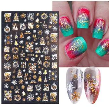 Christmas Nail Stickers, 3D Metal Gold Snowflake Nail Decals White Snowflake Elk Snowman Santa Claus Tree Christmas Bell Xmas Winter Nail Art Design for Women Kids(8Sheets)