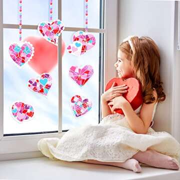 24 Pieces Valentine's Day Suncatcher Craft Kit, Tissue Paper Heart Suncatcher Craft Valentine's Day ...