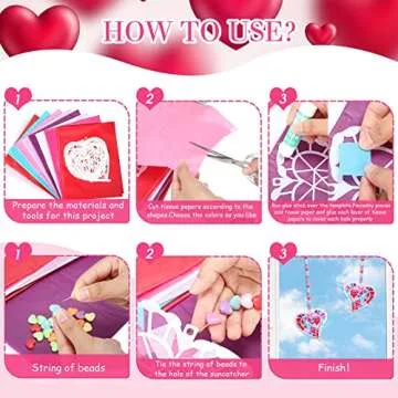 24 Pieces Valentine's Day Suncatcher Craft Kit, Tissue Paper Heart Suncatcher Craft Valentine's Day Window Art Kit with 18 Tissue Paper for Valentine's Day Mother's Day Craft DIY Spring Party Favor