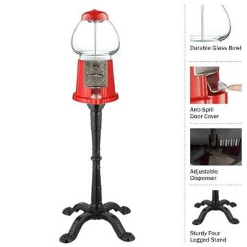 15” Gumball Machine with Stand and Coin Bank - Bubble Gum Machine Candy Dispenser Vending Machine with Glass Globe and Metal Base - Vintage Style Gum Ball Machine by Great Northern Popcorn (Red)