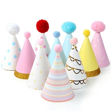 PixiPy Birthday Party Hats for Kids - 10 pc Colorful Cone-Shaped 7 inch Celebration Headwear for Mem...