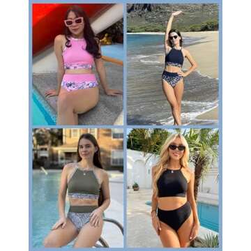 AI'MAGE Women's Bikini Sets High Neck Ribbed Two Pieces Swimsuit Tummy Control Bathing Suits High Waisted Swimwear 2025