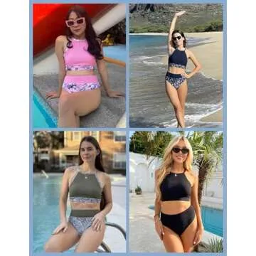 AI'MAGE Women's Bikini Sets High Neck Ribbed Two Pieces Swimsuit Tummy Control Bathing Suits High Waisted Swimwear 2025