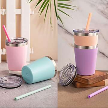 4 Set Toddler Cups with Straws and Lids Stainless Steel Kids Cups Insulated Kids Cups Spill Proof Double Wall Vacuum Kid Tumbler Cups for Boys Girls Sippy Drinking 8 oz (Green, Orange, Pink, Purple)