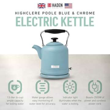 Haden Highclere Vintage Retro 1.5 Liter/6 Cup Capacity Innovative Cordless Electric Stainless Steel ...