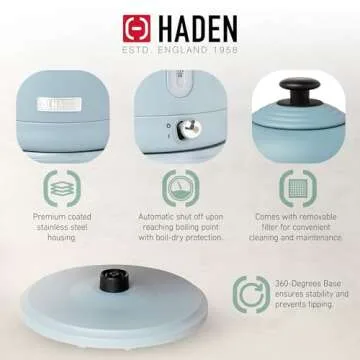Haden Highclere Vintage Retro 1.5 Liter/6 Cup Capacity Innovative Cordless Electric Stainless Steel Tea Pot Kettle with 360 Degree Base, Pool Blue