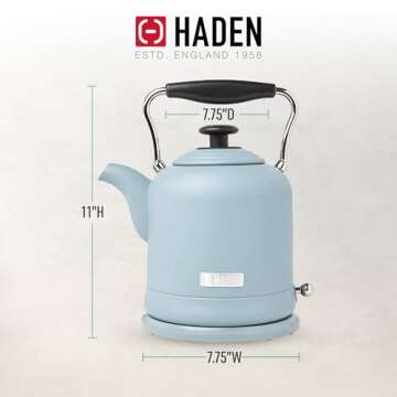 Haden Highclere Vintage Retro 1.5 Liter/6 Cup Capacity Innovative Cordless Electric Stainless Steel Tea Pot Kettle with 360 Degree Base, Pool Blue