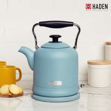 Haden Highclere Vintage Retro 1.5 Liter/6 Cup Capacity Innovative Cordless Electric Stainless Steel Tea Pot Kettle with 360 Degree Base, Pool Blue