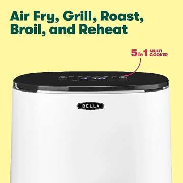 BELLA 3 Qt Touchscreen Air Fryer Oven and 5-in-1 Multicooker with Removable NonstickDishwasher Safe Crisping Tray and Basket, 1400 Watt Heating System, Matte White