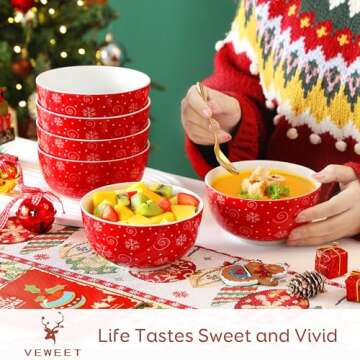 VEWEET Christmas Cereal Bowls Set of 6, 24 OZ Soup Bowls for Kitchen, Ceramic Bowls Set for Cereal, Soup, Rice, Snacks, Microwave & Dishwasher Safe, Series Christmas Tree