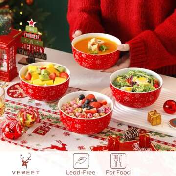 VEWEET Christmas Cereal Bowls Set of 6, 24 OZ Soup Bowls for Kitchen, Ceramic Bowls Set for Cereal, Soup, Rice, Snacks, Microwave & Dishwasher Safe, Series Christmas Tree