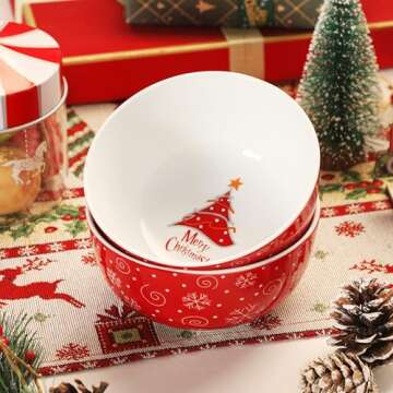 VEWEET Christmas Cereal Bowls Set of 6, 24 OZ Soup Bowls for Kitchen, Ceramic Bowls Set for Cereal, Soup, Rice, Snacks, Microwave & Dishwasher Safe, Series Christmas Tree