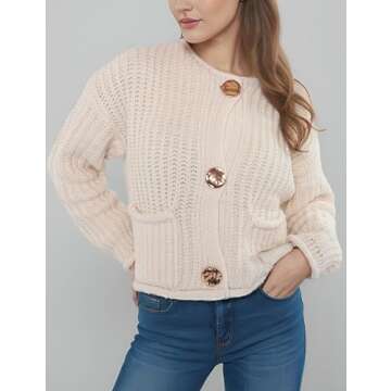 Zhiyouni Women's Cropped Cardigan Sweater Long Sleeves Button Down Chunky Knitted Coat(Beige-L)