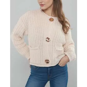 Zhiyouni Women's Cropped Cardigan Sweater Long Sleeves Button Down Chunky Knitted Coat(Beige-L)