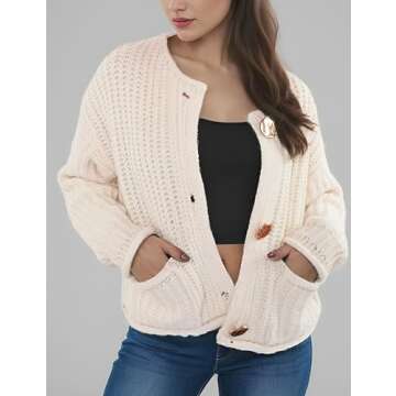 Zhiyouni Women's Cropped Cardigan Sweater Long Sleeves Button Down Chunky Knitted Coat(Beige-L)