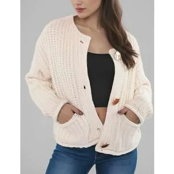 Zhiyouni Women's Cropped Cardigan Sweater Long Sleeves Button Down Chunky Knitted Coat(Beige-L)