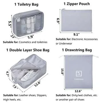 TianZong 7-piece Set Packing Cubes, Travel Bags for Luggage, Packing Organizers with Shoe Bag (Grey with a Toiletry Bag)
