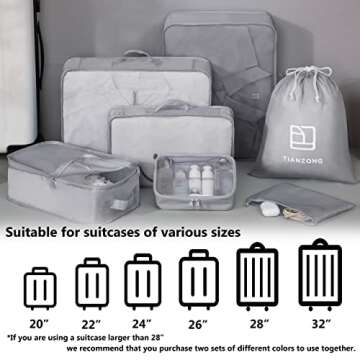 TianZong 7-piece Set Packing Cubes, Travel Bags for Luggage, Packing Organizers with Shoe Bag (Grey with a Toiletry Bag)