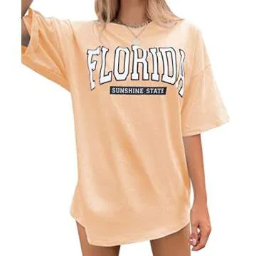 MISSACTIVER Women Florida Letter Graphic Print Tee Shirt Oversized Short Sleeve Crew Neck Drop Shoul...