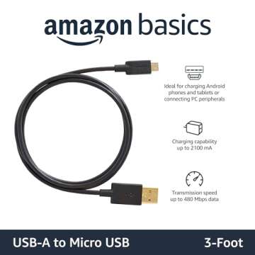 Amazon Basics 2-Pack USB-A to Micro USB Charging Cable, 480Mbps Transfer Speed with Gold-Plated Plug...