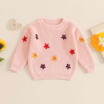 Pivanzore Baby Girl Boy Toddler Knit Sweater Cute Flower Round Neck Long Sleeve Pullover Oversized S...