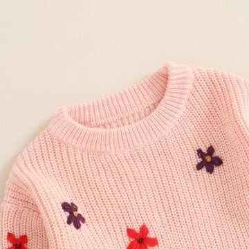 Pivanzore Baby Girl Boy Toddler Knit Sweater Cute Flower Round Neck Long Sleeve Pullover Oversized Sweatshirt Winter Warm Top (Floral Pink, 9-12 Months)