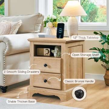 T4TREAM Nightstand with Charging Station, 18 Inch Vintage End Table with 2 Drawers, Wood Rustic Sofa Side Table with Open Storage Shelf for Bedroom, Living Room, Natural Oak