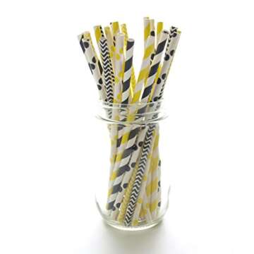 Food With Fashion Bumblebee Paper Straws - Black & Yellow Drinking Straws, Summer Honey Bee Party, P...