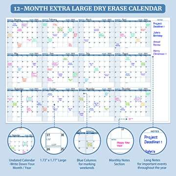 Large Dry Erase Calendar for Wall – Yearly Wall Calendar Dry Erase, 37" x 57.9", 12-Month Undated Blank Calendar Planner, Reusable Laminated Task Organizer with Note, Great for Office, Classroom, Home