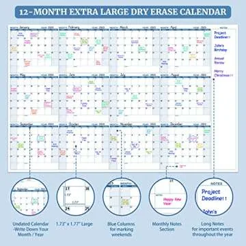 Large Dry Erase Calendar for Wall – Yearly Wall Calendar Dry Erase, 37" x 57.9", 12-Month Undated Blank Calendar Planner, Reusable Laminated Task Organizer with Note, Great for Office, Classroom, Home