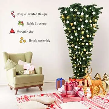 Goplus 7ft Upside Down Christmas Tree, Artificial Xmas Tree with Metal Stand, 1000 Branch Tips, Green Inverted PVC Tree for Indoor Outdoor Holiday Decoration