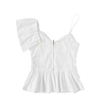 SheIn Women's One Shoulder V Neck Ruffle Hem Top Blouse White Small