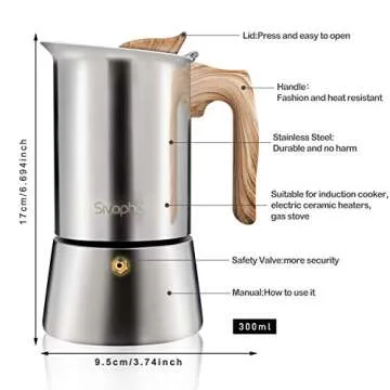 Stainless Steel Stovetop Espresso Coffee Maker 6cups Espresso Pot | Mocha Pot 450ml with Step-by-step Instructions(1 Cup=50ml)