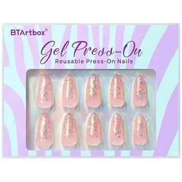 BTArtbox Press On Nails Medium- Christmas Supremely Fit & Natural Soft Gel Glue On Nails with Nail Glue, Reusable Stick On Nails in 15 Sizes - 30 Fake Nails Kit, Pink Sparkle
