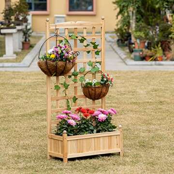 Outsunny Wooden Raised Garden Bed with Trellis, Outdoor Planter Box with Drainage Crevices for Climbing Vine Plants Flowers, 24" x 12" x 49"