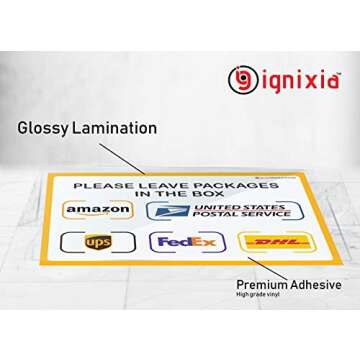 IGNIXIA Pack of 02 Package Delivery Sign Decals, Delivery Instructions for Amazon, Fedex, DHL, Ups, Usps Sign 10 x 7 inches Self Adhesive Sticker with Glossy Lamination