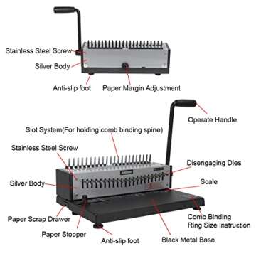 Rayson SD-1501A21 Binding Machine with Combs Set - 21 Hole / 200 Sheets Comb Binder for Punching or ...