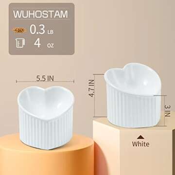WUHOSTAM Raised Ceramic Tilted Cat Bowls, Heart Shape Elevated Cat Food Bowl, Porcelain Slanted Pet Feeder Dish for Flat Faced Cats, Protect Cat's Spine, Stress Free, 2 Pack(White)