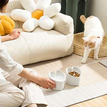 WUHOSTAM Raised Ceramic Tilted Cat Bowls, Heart Shape Elevated Cat Food Bowl, Porcelain Slanted Pet Feeder Dish for Flat Faced Cats, Protect Cat's Spine, Stress Free, 2 Pack(White)