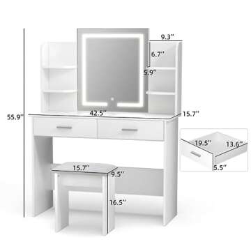 SMOOL Vanity Desk with Lighted Mirror - Makeup Vanity Table with 3 Color Light Options Adjustable Brightness, Vanity with 6 Storage Shelves, 2 Large Drawers, Vanity Set for Girls Women, White