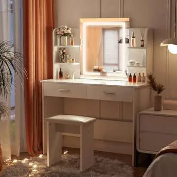 SMOOL Vanity Desk with Lighted Mirror - Makeup Vanity Table with 3 Color Light Options Adjustable Brightness, Vanity with 6 Storage Shelves, 2 Large Drawers, Vanity Set for Girls Women, White