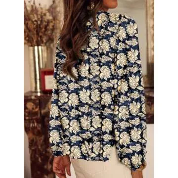 SHEWIN Fall Tops for Women 2025 Trendy V Neck Long Sleeve Button Up Shirts Loose Fit Casual Boho Floral Blouses Bohemian Clothes for Women, S, Blue