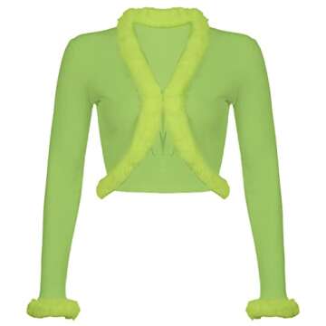 Women's Fluffy Long Sleeve V-Neck Cropped Knit Cardigan Sweater Solid Pullover Tops with Faux Fur Trim Collar Cuffs (K Green, L)