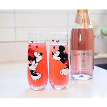 Exclusive Mickey and Minnie Mouse Kiss Hearts 2-Pack Stemless Fluted Glassware Set | Disney Kitchen Accessories | Drinkware For Home Bar, Couples Gift Housewares | Each Glass Holds 9 Ounces