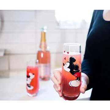 Exclusive Mickey and Minnie Mouse Kiss Hearts 2-Pack Stemless Fluted Glassware Set | Disney Kitchen Accessories | Drinkware For Home Bar, Couples Gift Housewares | Each Glass Holds 9 Ounces