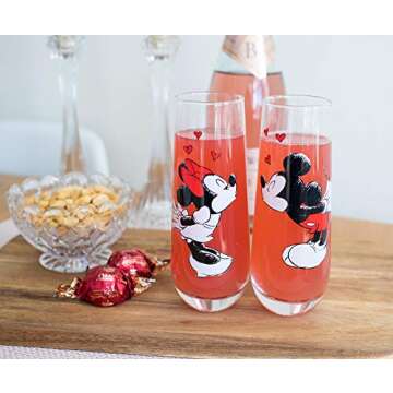 Exclusive Mickey and Minnie Mouse Kiss Hearts 2-Pack Stemless Fluted Glassware Set | Disney Kitchen Accessories | Drinkware For Home Bar, Couples Gift Housewares | Each Glass Holds 9 Ounces