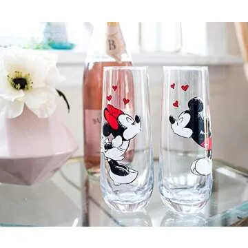 Exclusive Mickey and Minnie Mouse Kiss Hearts 2-Pack Stemless Fluted Glassware Set | Disney Kitchen Accessories | Drinkware For Home Bar, Couples Gift Housewares | Each Glass Holds 9 Ounces