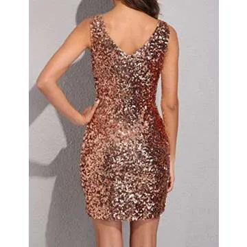 PrettyGuide Women Sexy Deep V Neck Sequin Glitter Bodycon Stretchy Mini Party Dress L Gold Pink